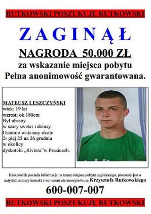 Rutkowski: Mateusz Leszczyński został zamordowany. Dajemy 50 tysięcy złotych za wskazanie miejsca ukrycia zwłok